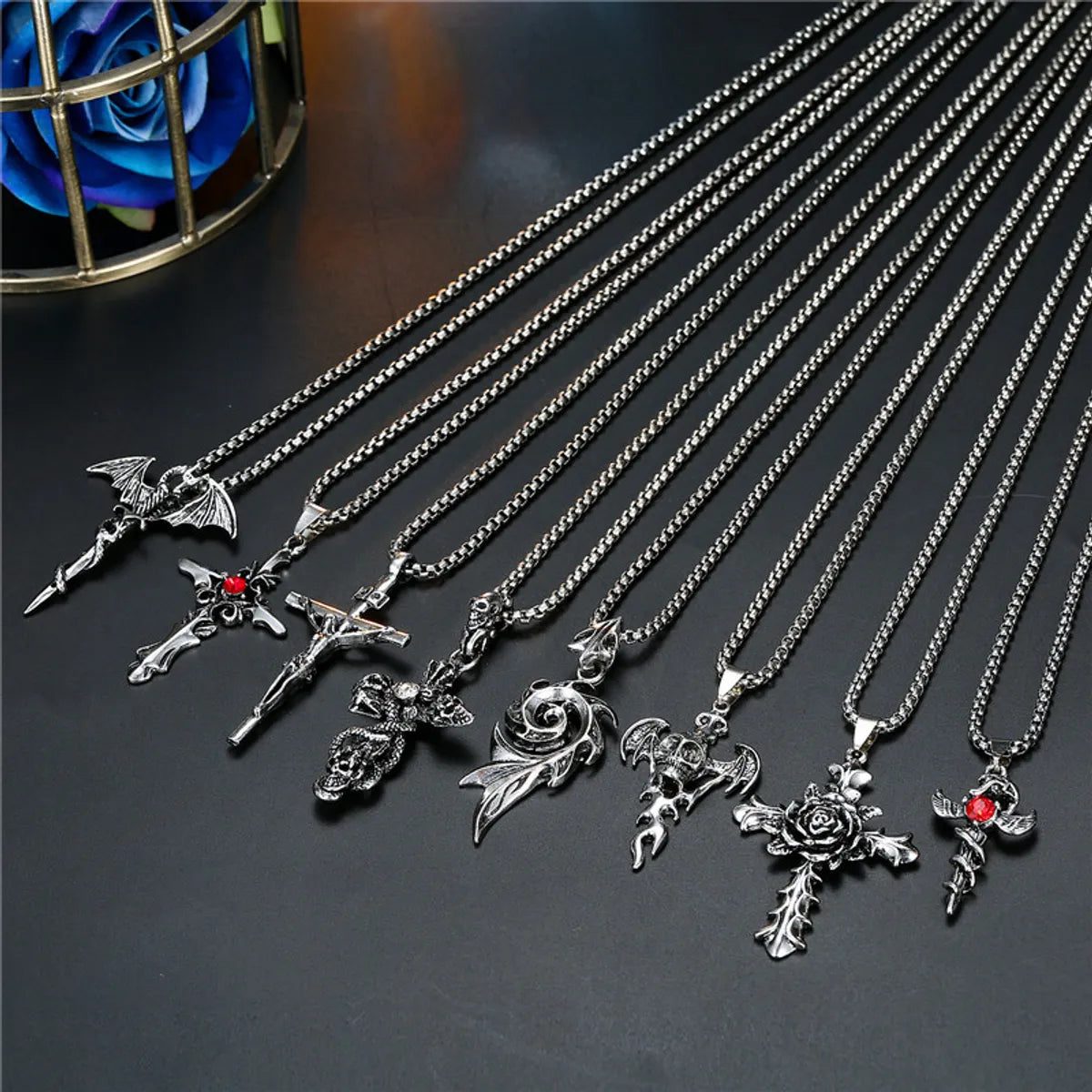 Stylish necklaces and pendants with diamonds for a glamorous and elegant look-European Punk Vintage Skull Rose Cross Pendant Necklace Men And Women Ancient Silver Gemstone Necklace