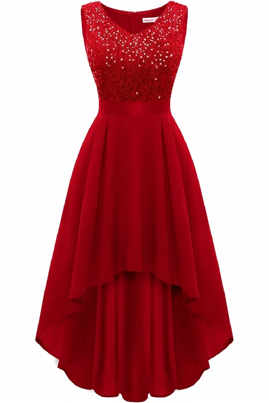 Evening Dresses for Formal Events -Red velvet dress for evening events-A-Line Knee Length Sequined Graduation Dresses CS0563