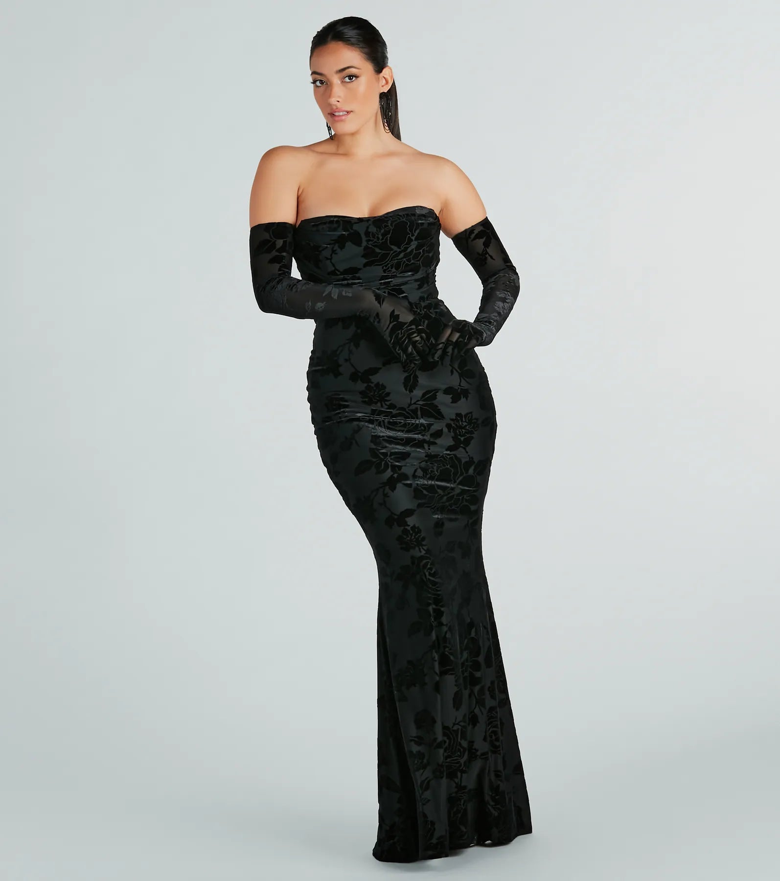 Formal Dresses for Occasions -Patterned dress for a fun fashion statement-Amai Formal Velvet Strapless Dress With Gloves