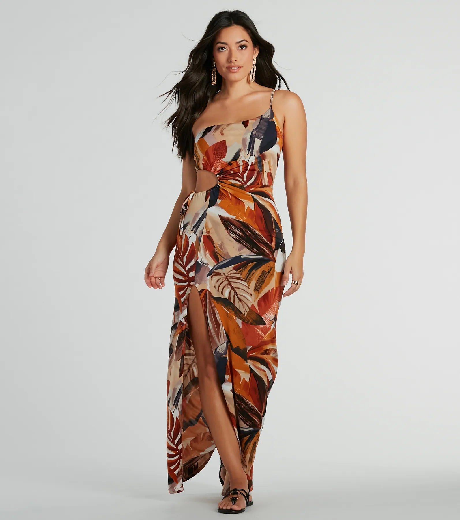 Sundress Dresses for Sunny -Structured A-line dress for formal dinners-Pretty In Paradise One-Shoulder Tropical Maxi Dress