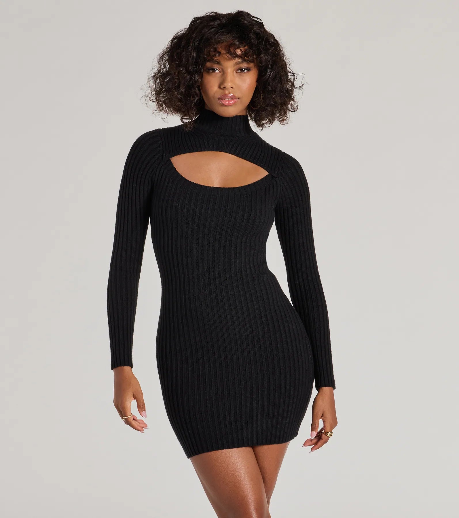 Tiered Dresses for Voluminous -Ruffled hem dress for a flirty look-Chic Season Mock Neck Cutout Ribbed Knit Mini Dress