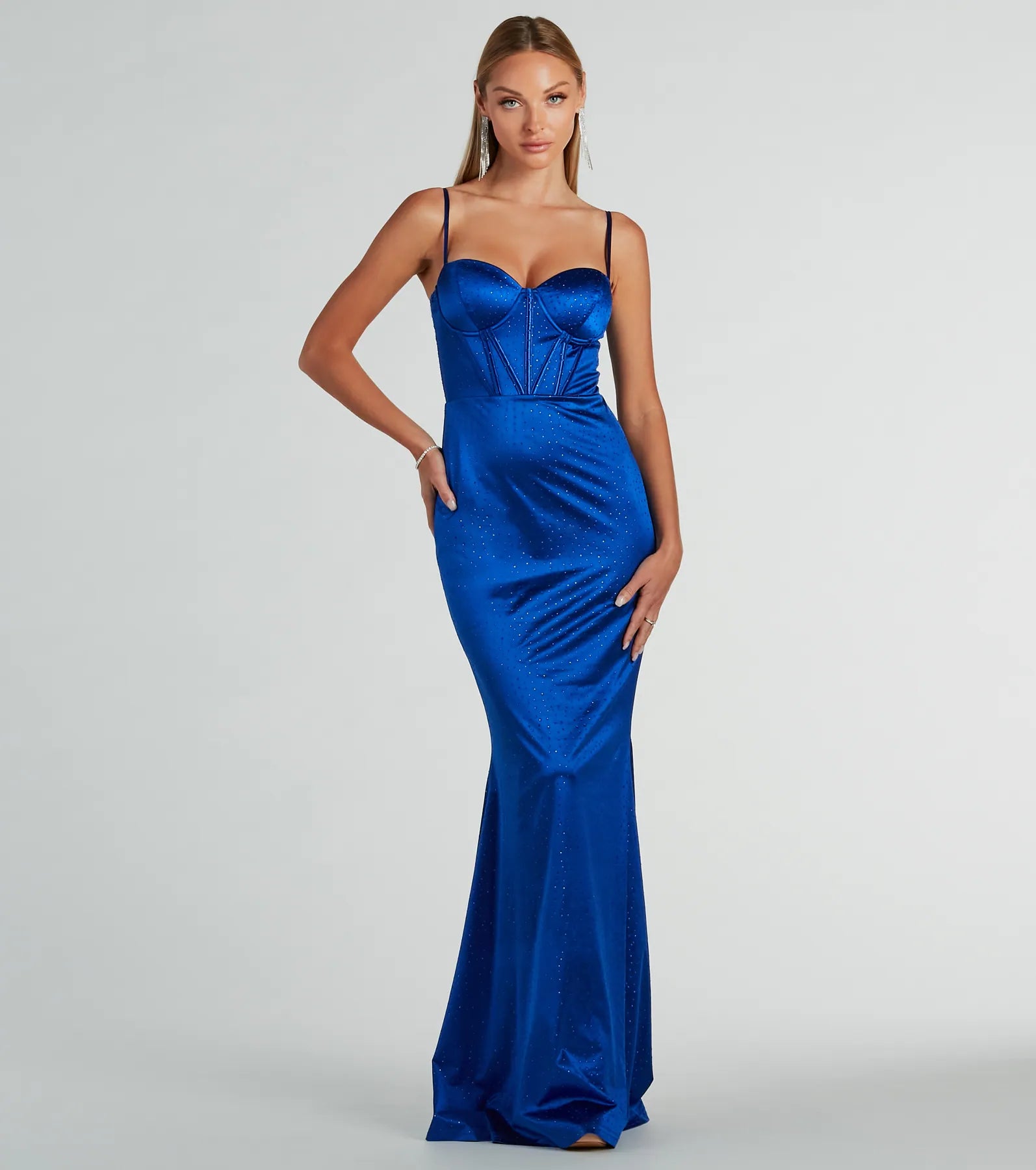 Abstract Dresses for Creative -Off-the-shoulder maxi dress for summer parties-Jaiden Bustier Rhinestone Satin Formal Dress