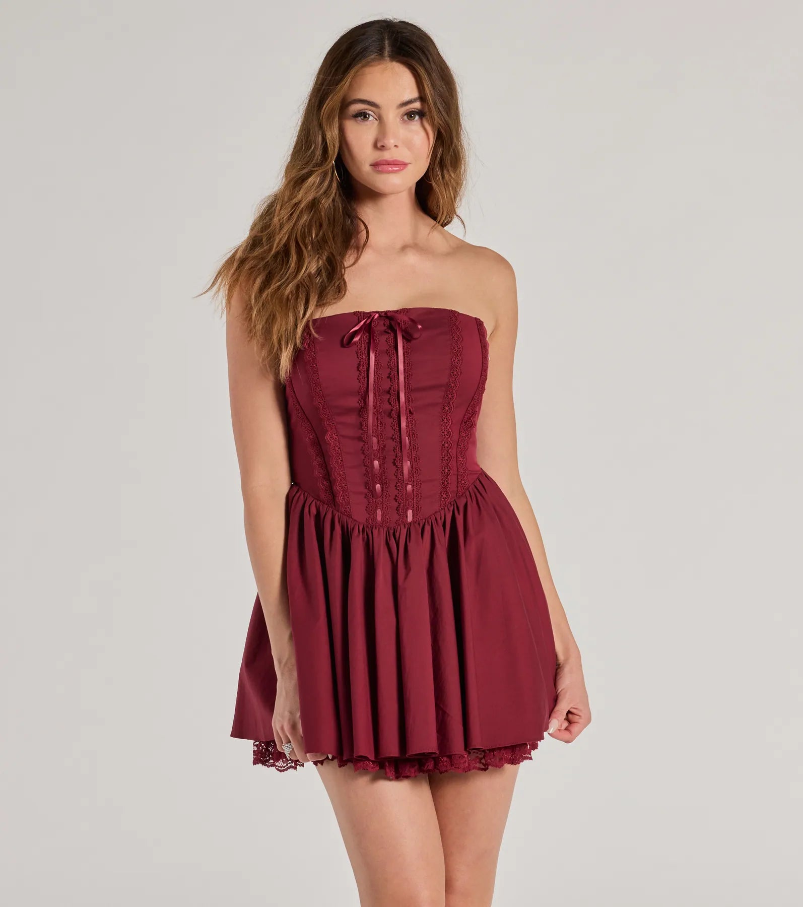 Capri Dresses for Playful -Button-down shirt dress for easy comfort-Adorably Flirty Lace Trim Drop Waist Skater Dress