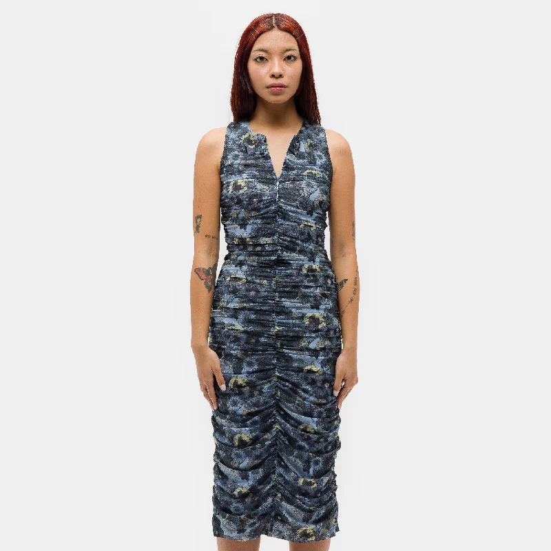 Studded Dresses for Statement -Simple sleeveless dress for daytime events-Printed Mesh Ruched Sleeveless Midi Dress in Brunnera Blue