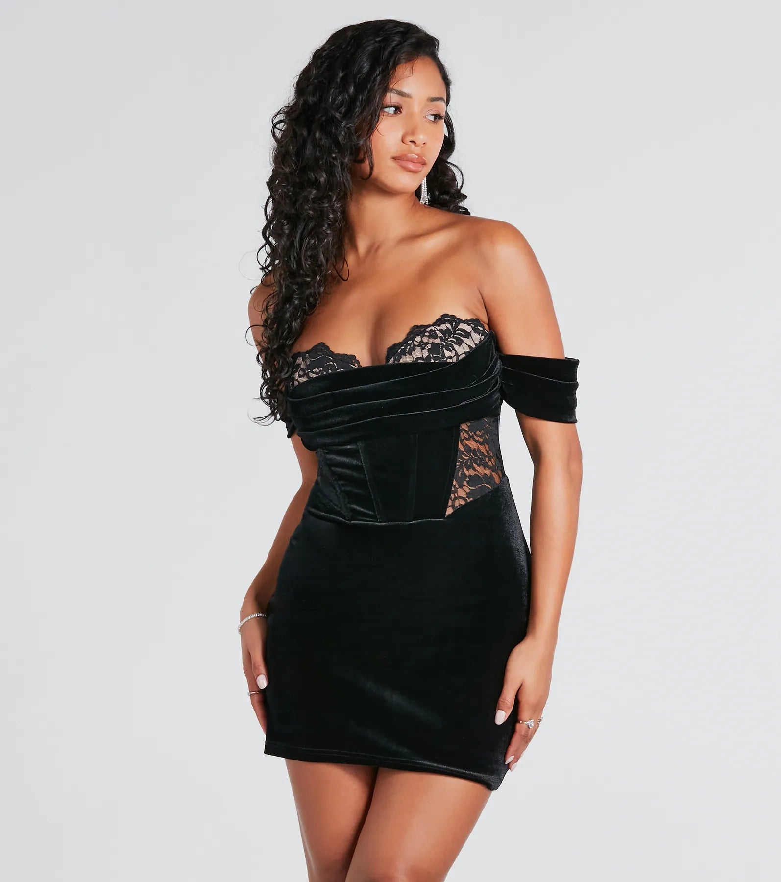 Wrap Dresses for Adjustable -Off-shoulder dress for a romantic date night-Dropping Hints Velvet Lace Bustier Mini Dress