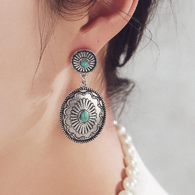 Drop Earrings with Embossed Patterns -Wholesale Vintage Bohemian Ethnic-inspired Turquoise Earrings