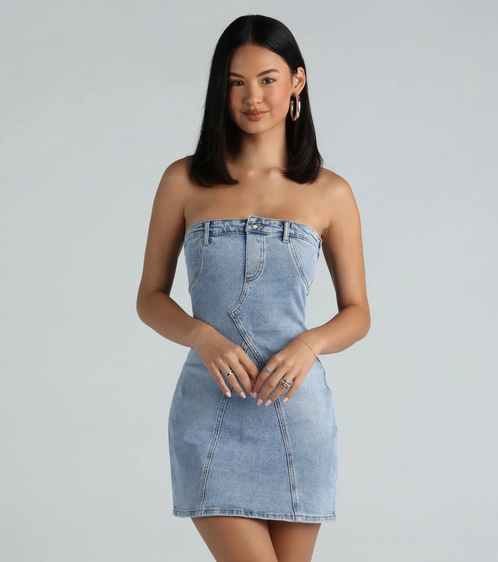 Silk Dresses for Luxurious -Tailored sheath dress for professional settings-The 90s Are Calling Denim Strapless Mini Dress