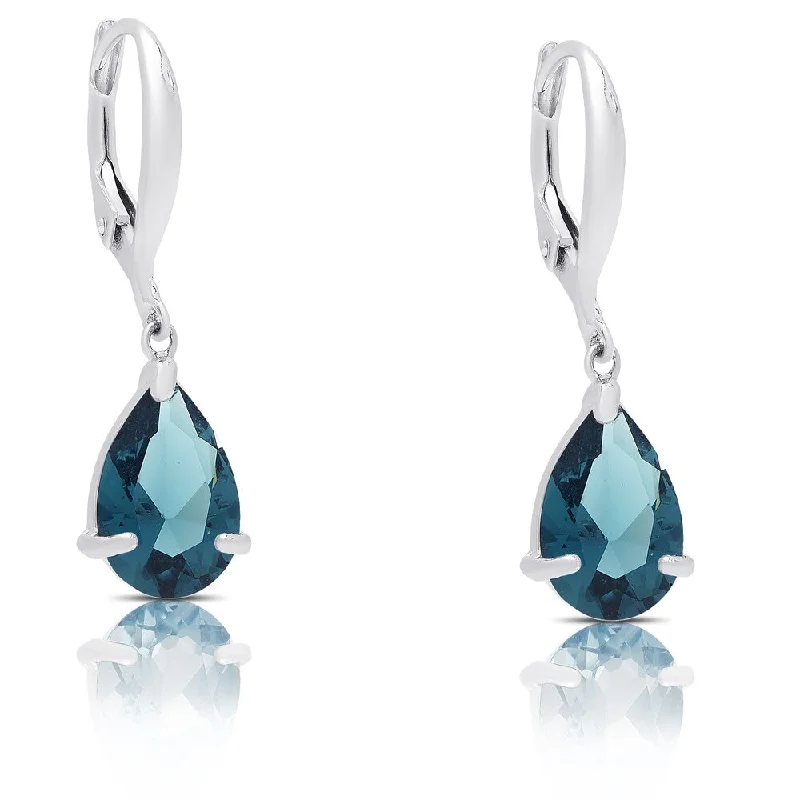 Clip On Drop Earrings for Non Pierced -Dolce Giavonna Sterling Silver Simulated London Blue Topaz Teardrop Leverback Earrings