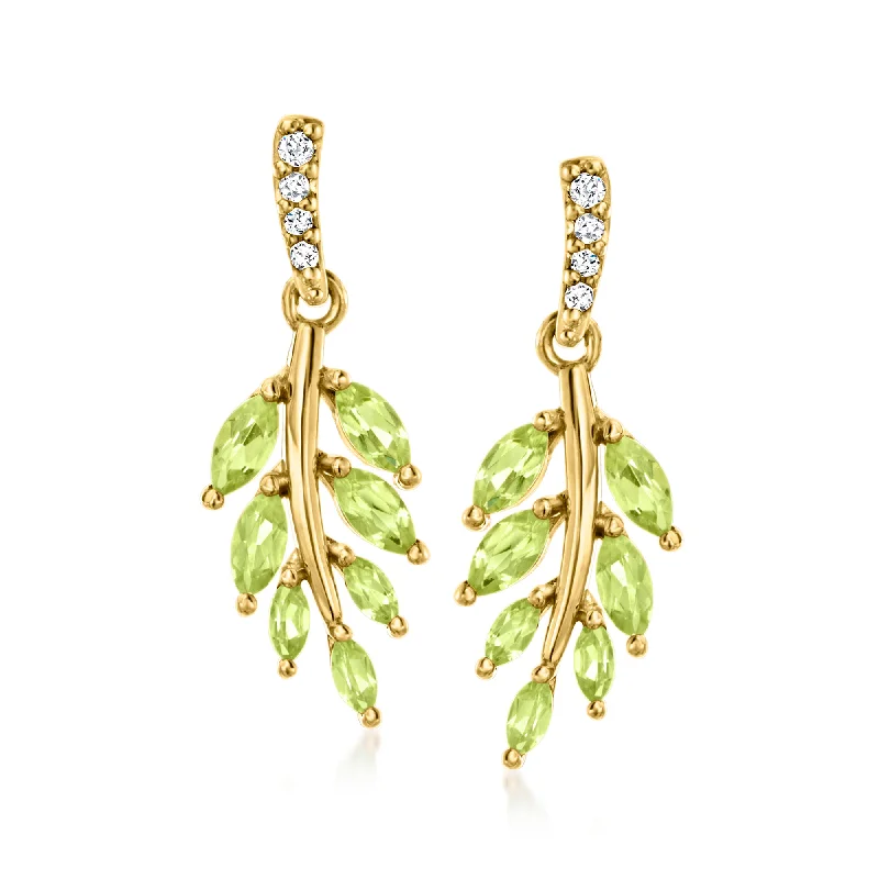 Magnetic Closure Drop Earrings for Easy -Ross-Simons Peridot Leaf Drop Earrings With Diamond Accents in 18kt Gold Over Sterling