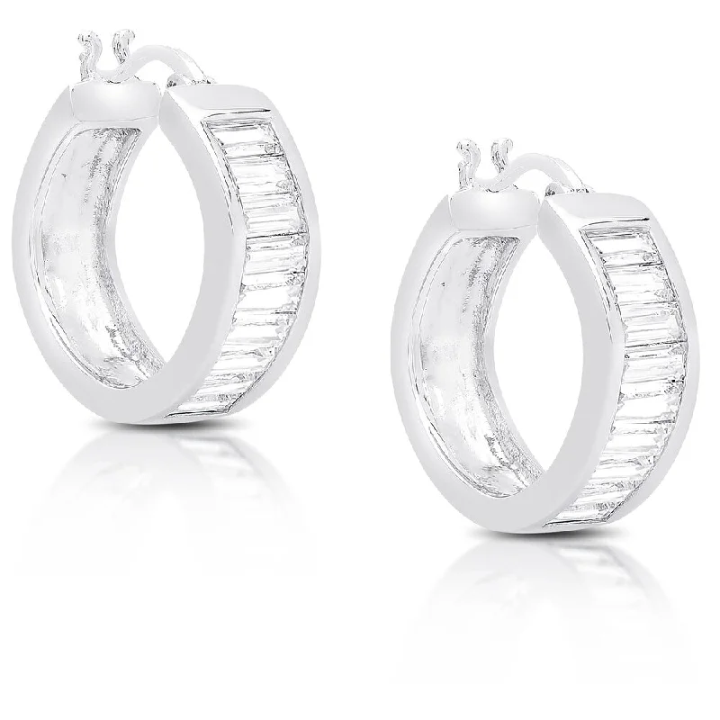 Drop Earrings with Hammered Finish -Dolce Giavonna Sterling Silver Cubic Zirconia Hoop Earrings