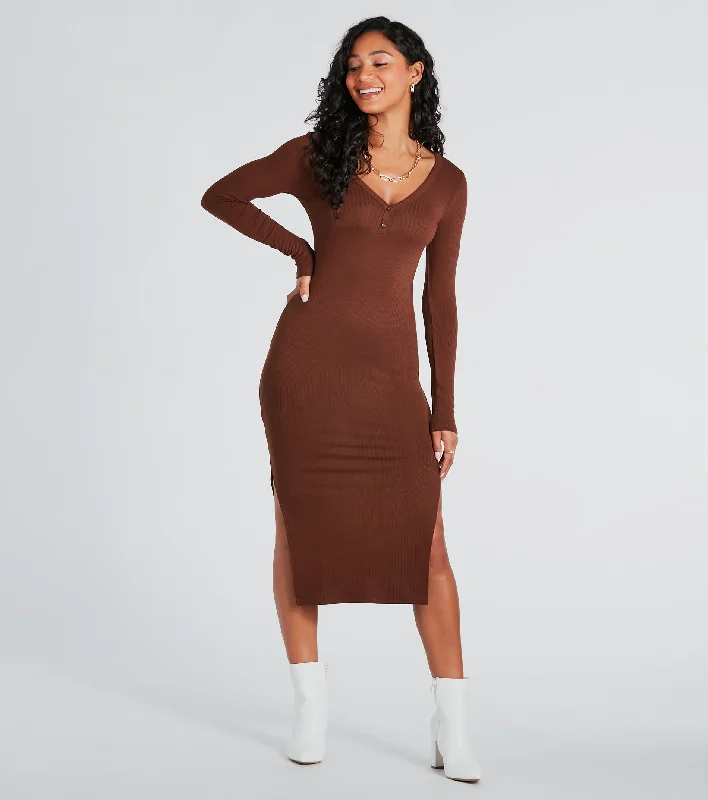 Maxi Dresses for Elegant Style -Sexy bodycon dress for clubbing nights-Change Of Season Long Sleeve Ribbed Knit Midi Dress