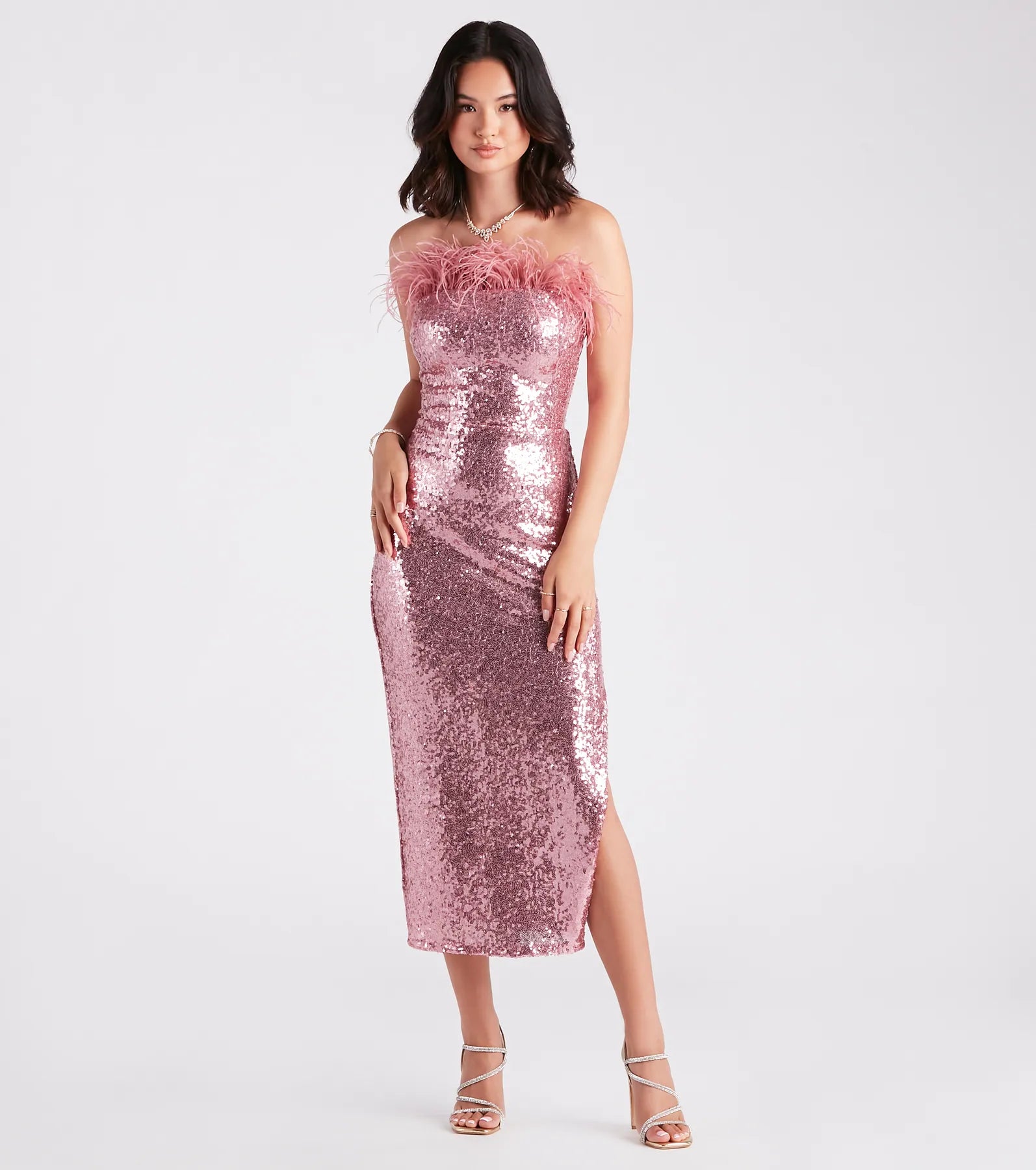 Printed Dresses with Patterns -Bridesmaid dress for outdoor weddings-Marlin Formal Sequin Feather Midi Dress