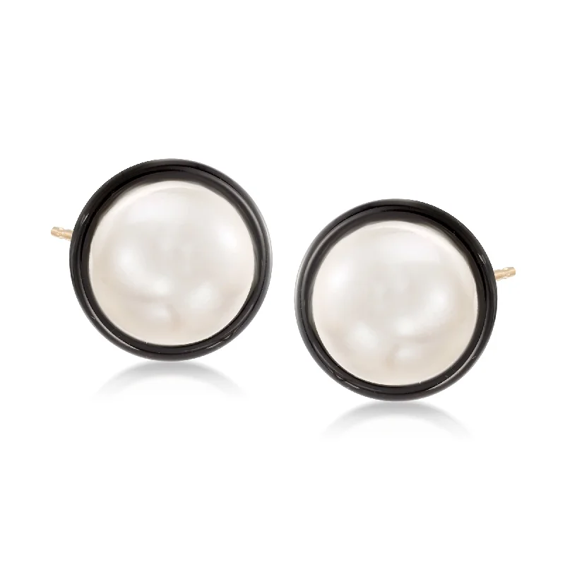 Drop Earrings for Festival Style -Ross-Simons 10mm Cultured Pearl and Black Onyx Earrings in 14kt Yellow Gold