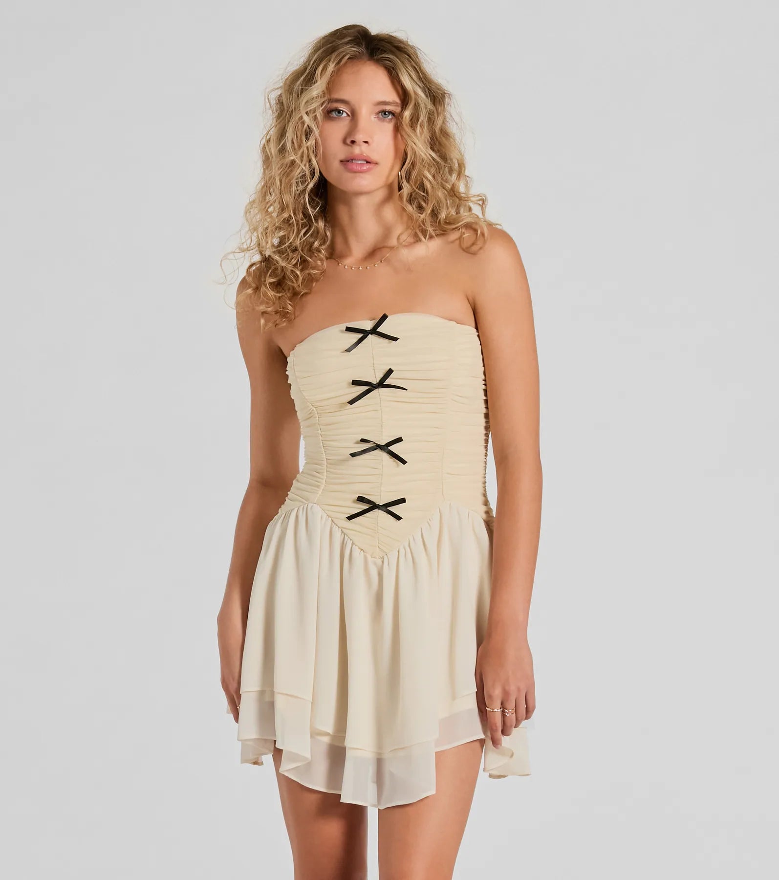 Strapless Dresses for Glamorous -High-low hem dress for a trendy look-Prettiest Pick Strapless Bow A-Line Mini Dress