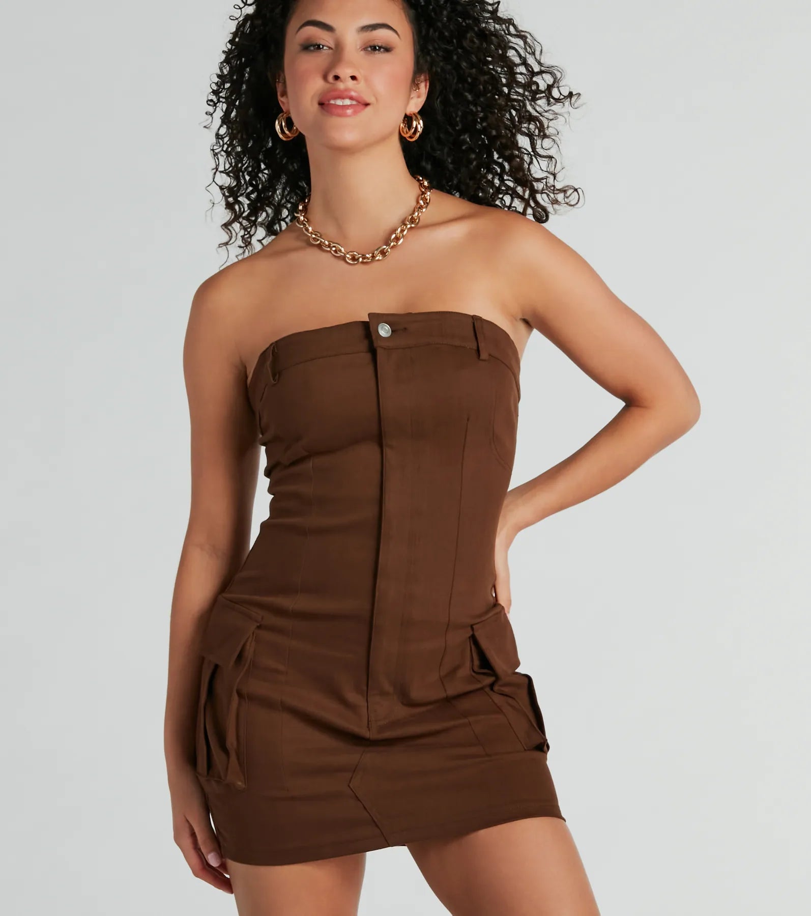 Beige Dresses for Neutral -Vintage-inspired lace dress for a retro look-Sensational City Girl Strapless Cargo Mini Dress