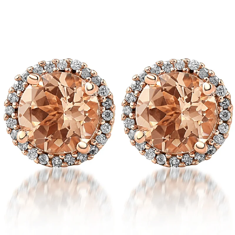 Drop Earrings with Polished Shine -1 1/2 Ct Diamond & Morganite Rose Gold Halo Studs Screw Back Earrings Rose Gold