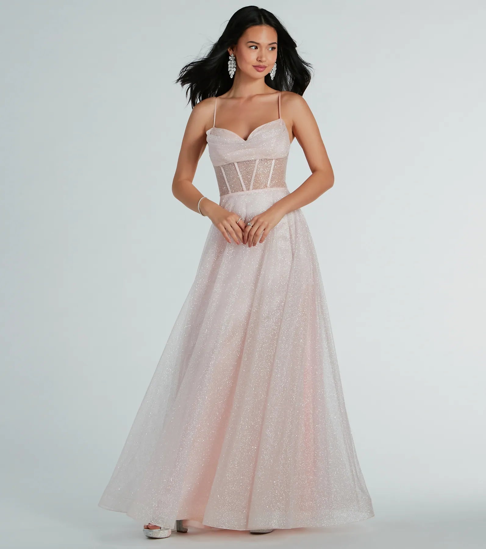 Wrap Dresses for Adjustable -Off-shoulder dress for a romantic date night-Ariel Corset Glitter Mesh A-Line Formal Dress