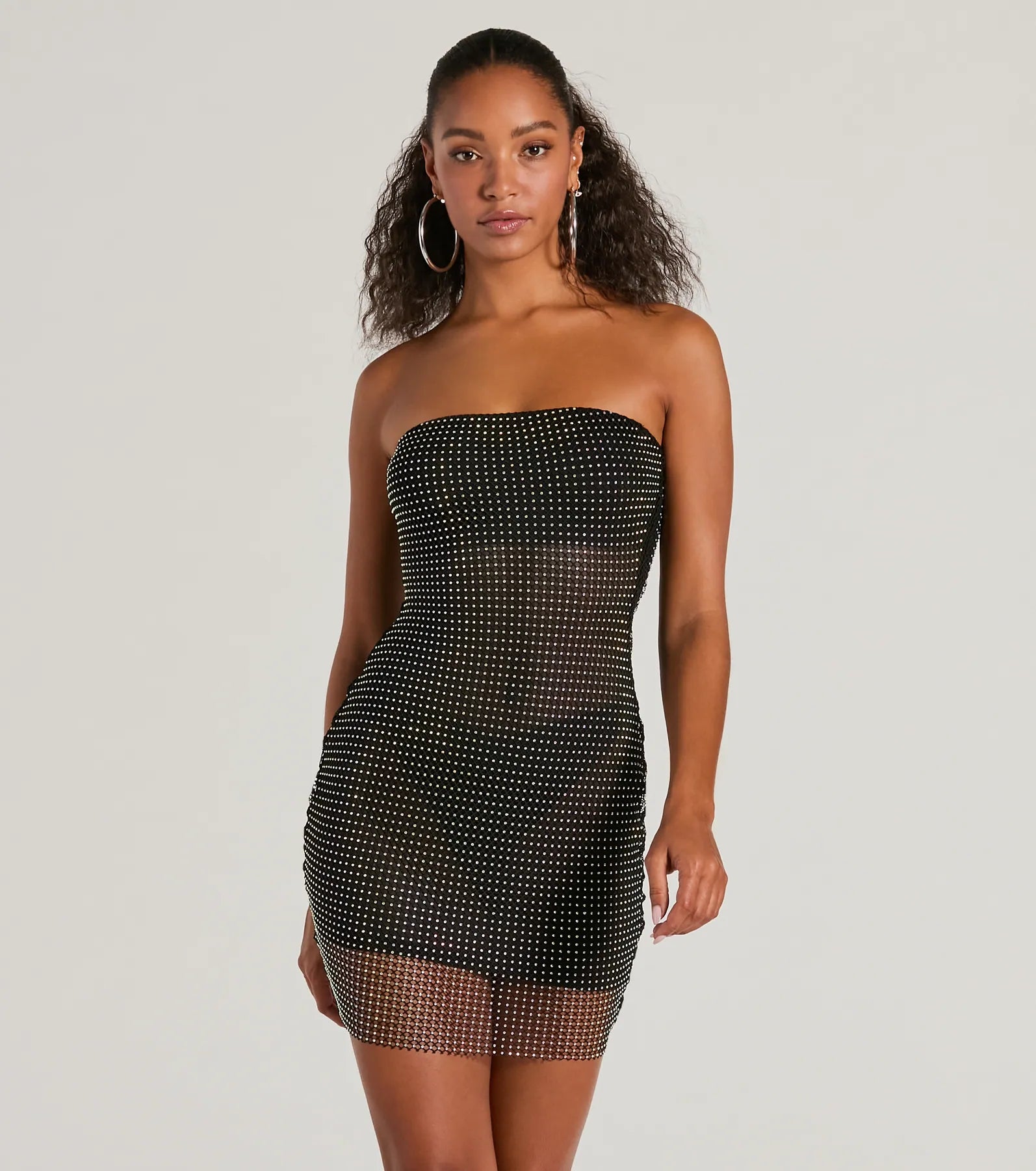 Anniversary Dresses for Special -Wrap-around dress for an effortless style-Dancing Babe Strapless Rhinestone Fishnet Mini Dress