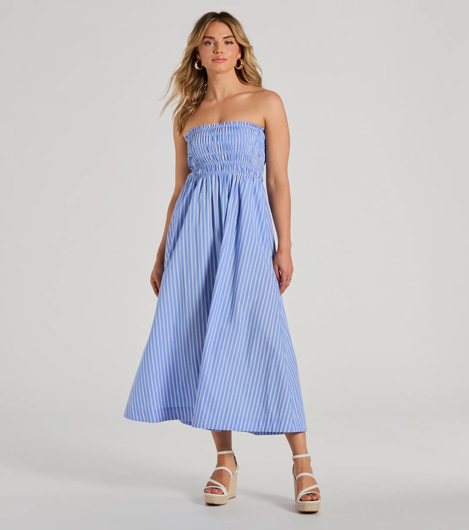 Party Dresses for Celebration -Simple gray dress for an understated look-Signature Stripes Strapless A-Line Maxi Dress