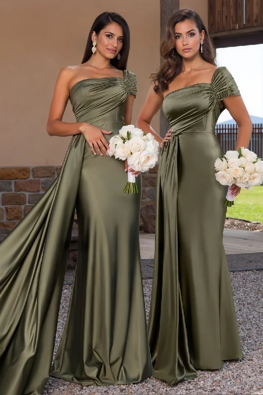 Vintage Dresses for Nostalgia -Evening gown with a deep V-neck for glam-Sage Green Trumpet Bridesmaid Dress with Side Drape CB0798