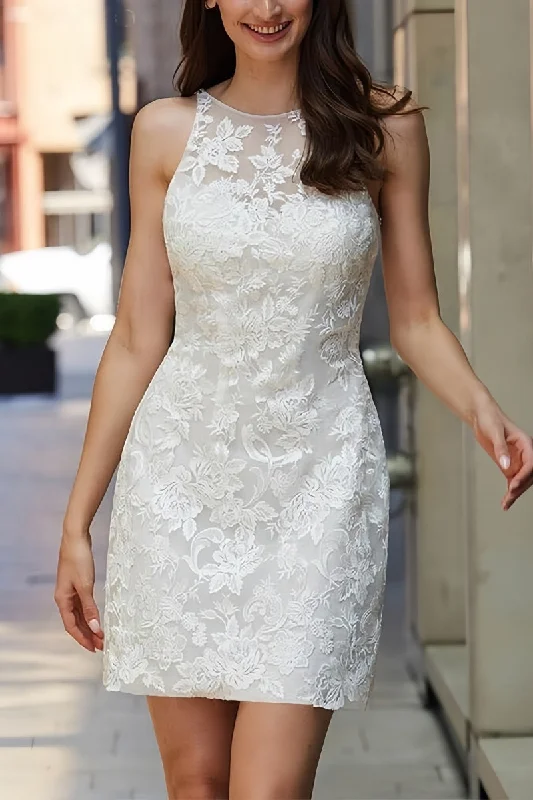 Buttoned Dresses for Stylish -Embroidered dress for a special occasion-Sheath Mini Lace Wedding Dress with Illusion Neckline CW3393