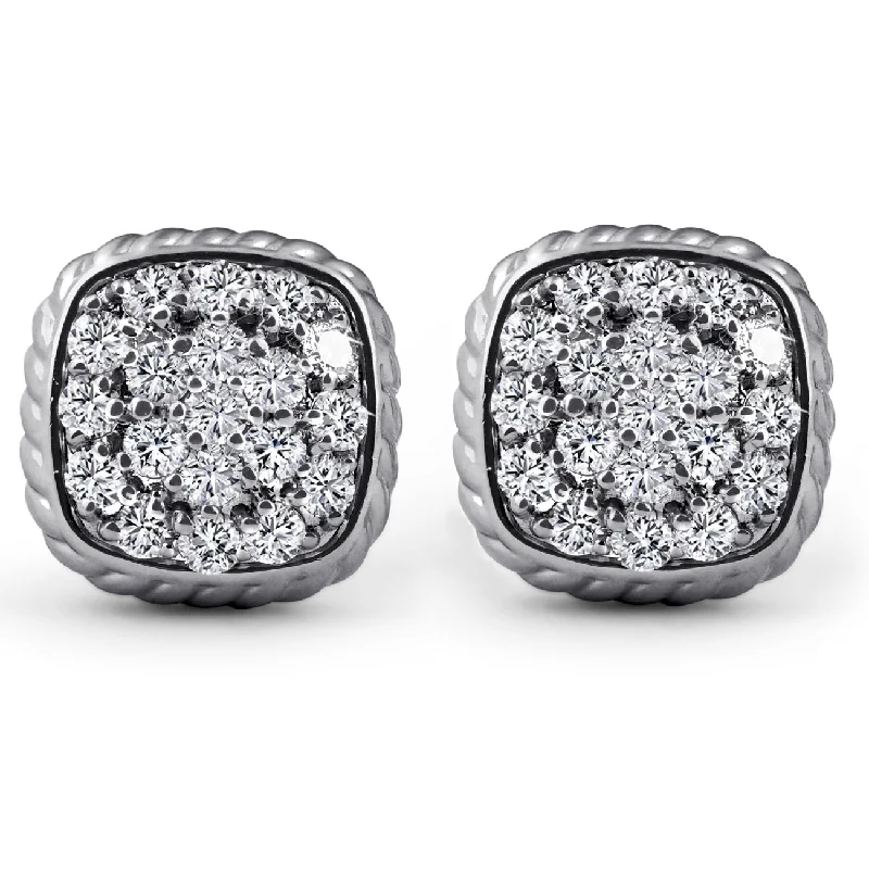 Drop Earrings with Debossed Designs -1ct Pave Diamond Cushion Shape Studs Braided Border Earrings 14k White Gold