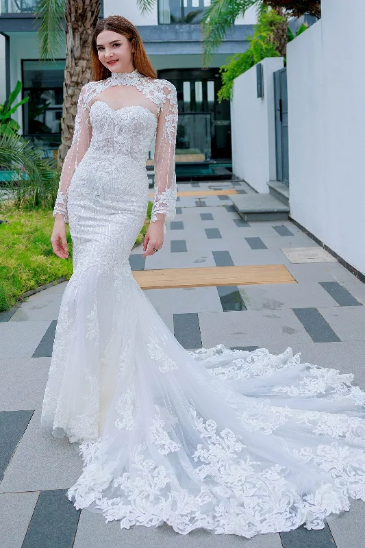 Strapless Dresses for Glamorous -High-low hem dress for a trendy look-Trumpet-Mermaid Chapel Train Lace Sequined Wedding Dress CW3324