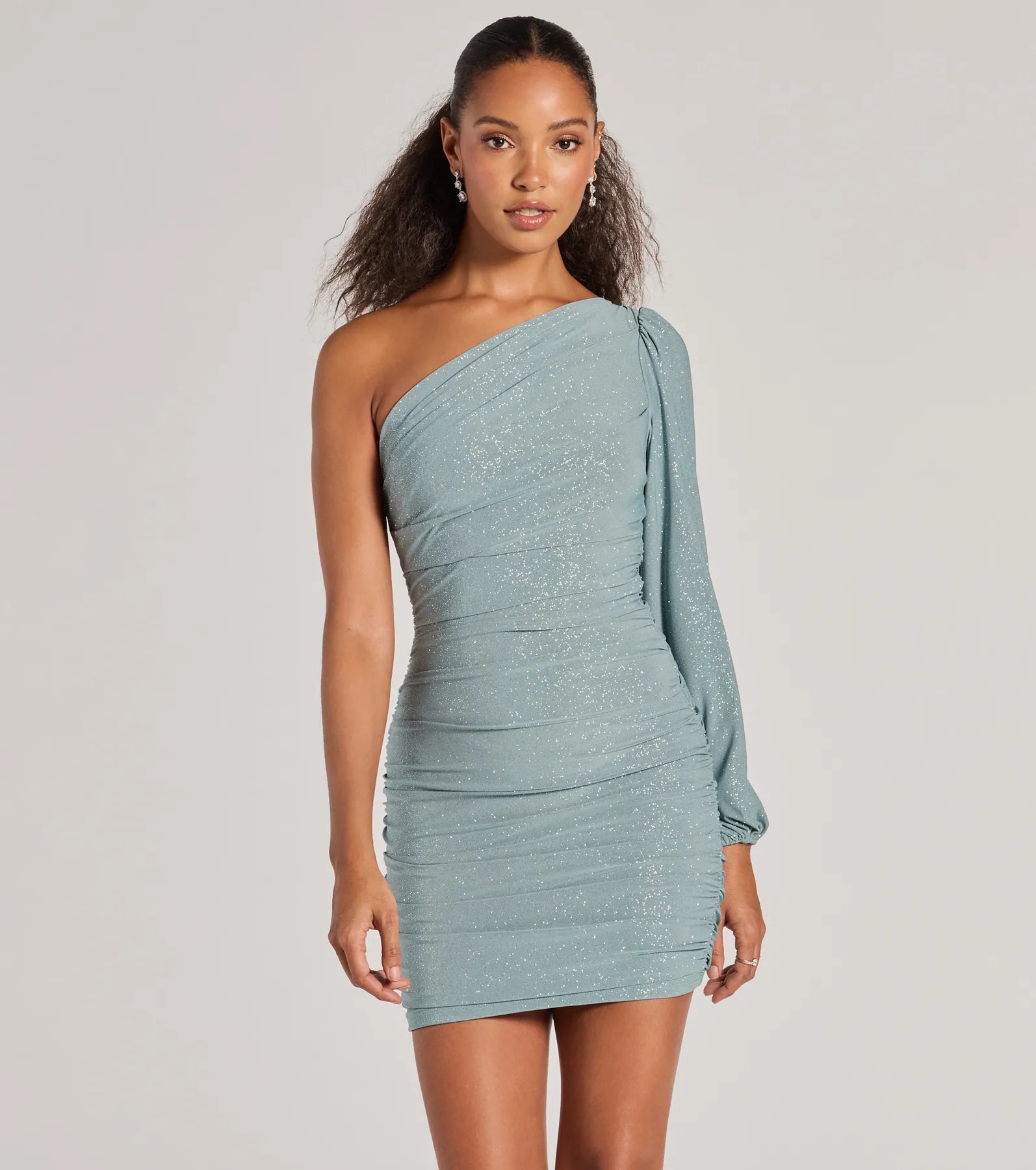 Beach Dresses for Coastal -Soft jersey dress for lounging around-Glitzy Status One-Shoulder Glitter Knit Mini Dress