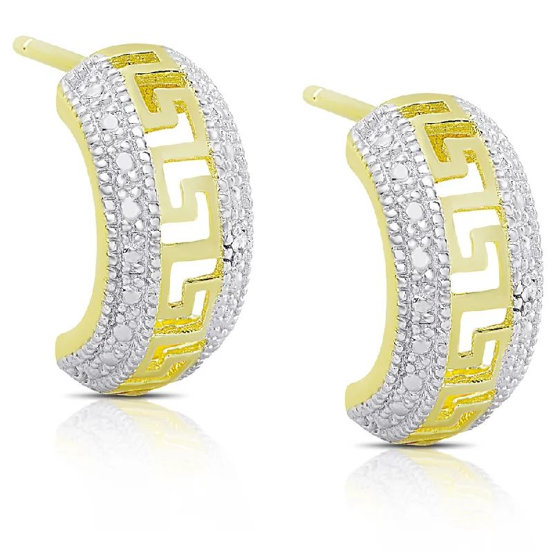 Drop Earrings with Wave Designs -Finesque Gold over Sterling Silver .06ct TDW Diamond Greek Key Design Half-Hoop Earrings