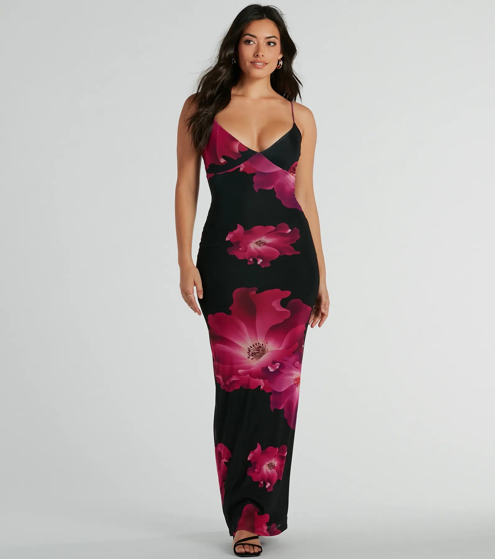 Beaded Dresses for Glamour -Spaghetti strap dress for summer evenings-Romance That Wows Large Blossom Floral Maxi Dress