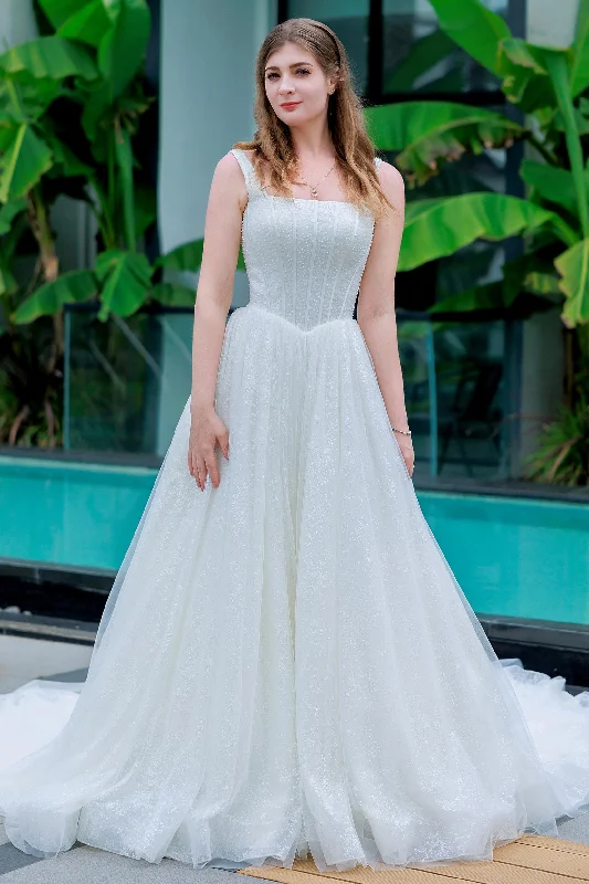 Long-sleeved Dresses for Coverage -Silk slip dress for a sophisticated look-A-Line Chapel Train Glitter Wedding Dress CW3323