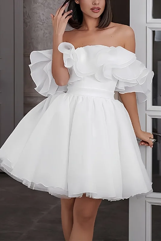 Spandex Dresses for Flexible -Sleeveless sundress for outdoor activities-Off-The-Shoulder Mini Organza Wedding Dress CW3395