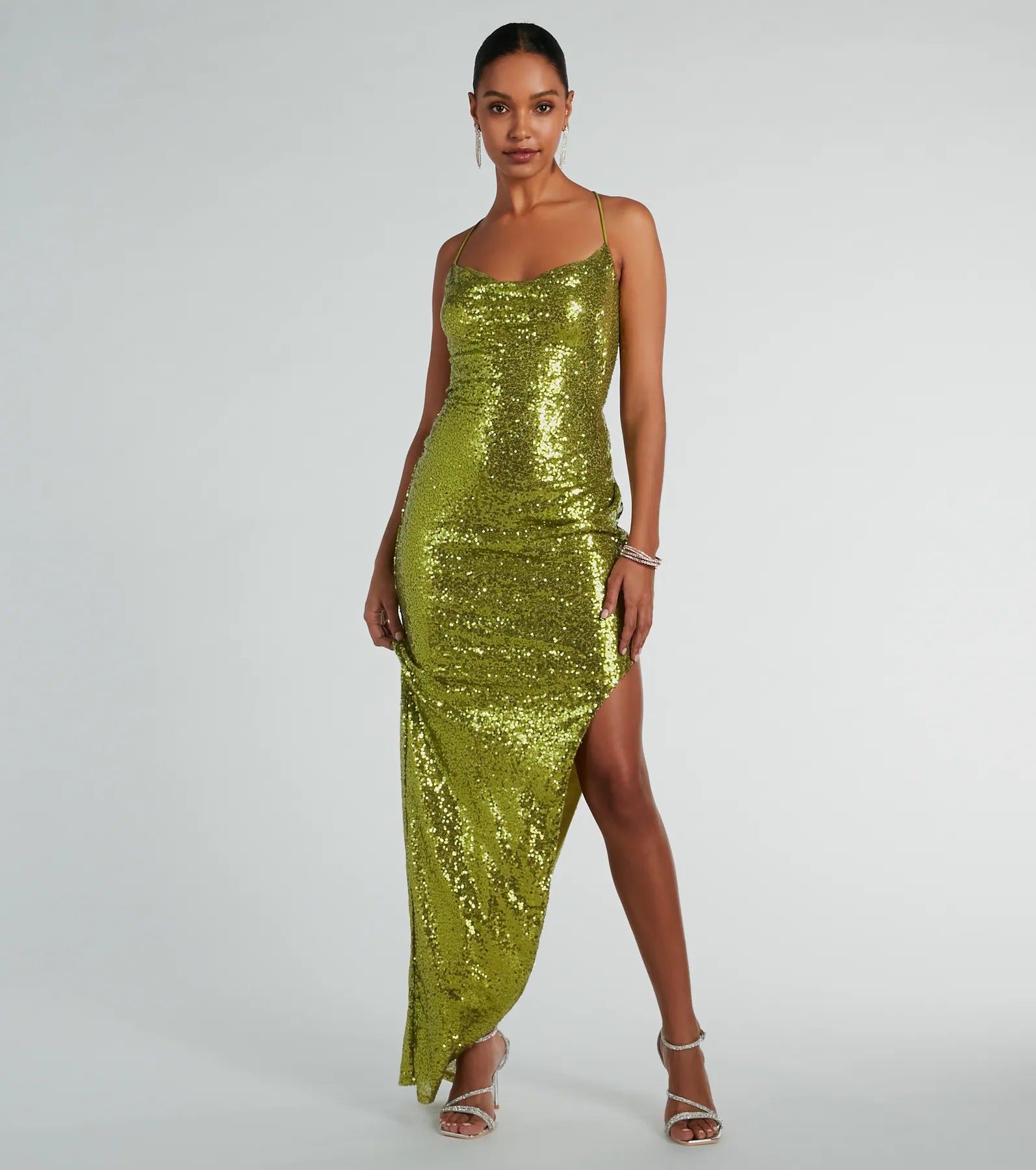 Leather Dresses for Luxury -Lace-up back dress for a fashionable edge-Jennifer Strappy Back High Slit Sequin Formal Dress