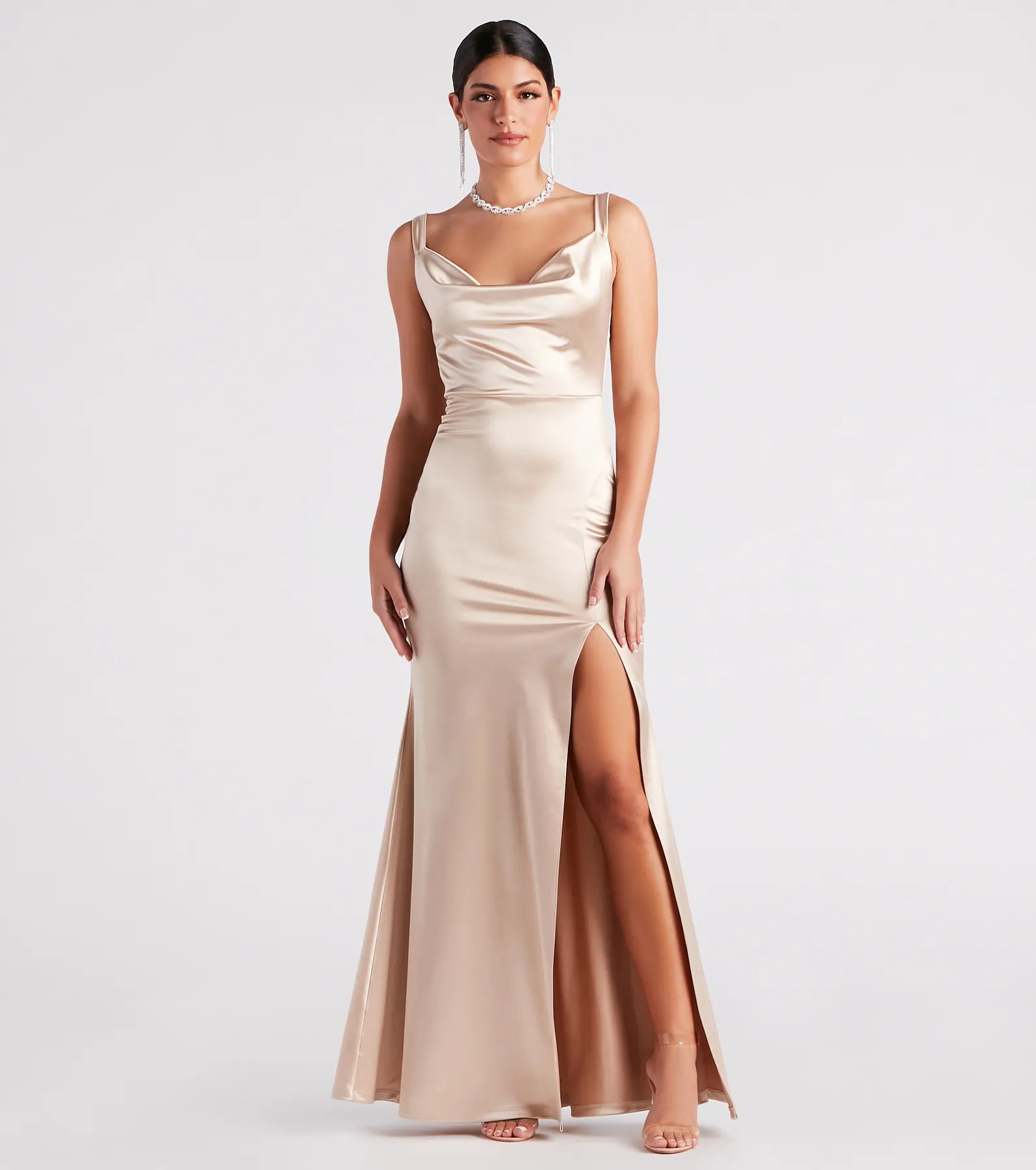 Tiered Dresses for Voluminous -Ruffled hem dress for a flirty look-Kaylani Formal Satin Cowl Neck Long Dress