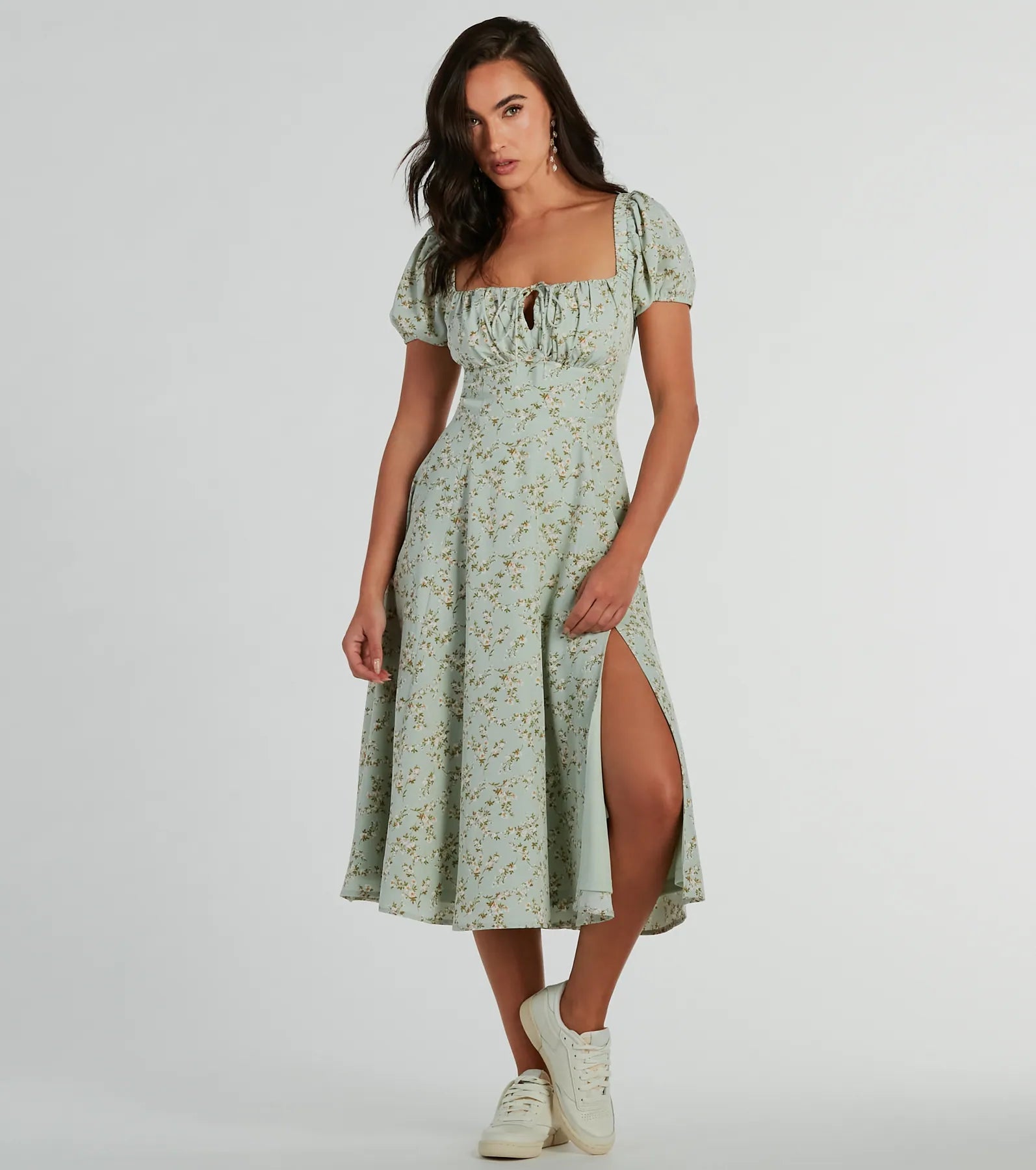 Printed dress for a fun and casual look-RSVP To Cute Ditsy Wildflower Tie A-Line Midi Dress