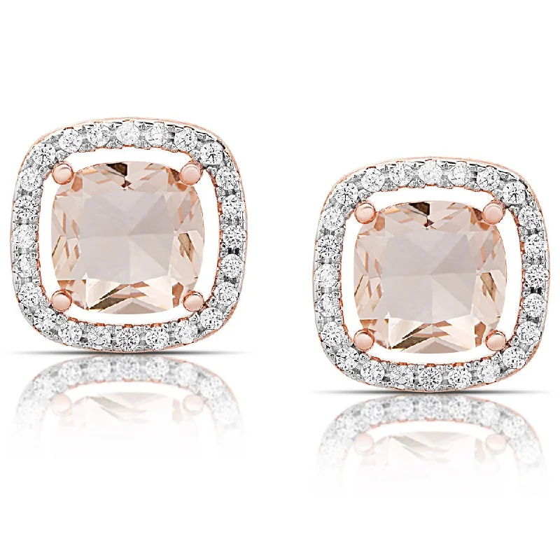 Stud Earrings for Yoga Session -Dolce Giavonna Rose Gold Overlay Simulated Morganite Square Halo Stud Earrings