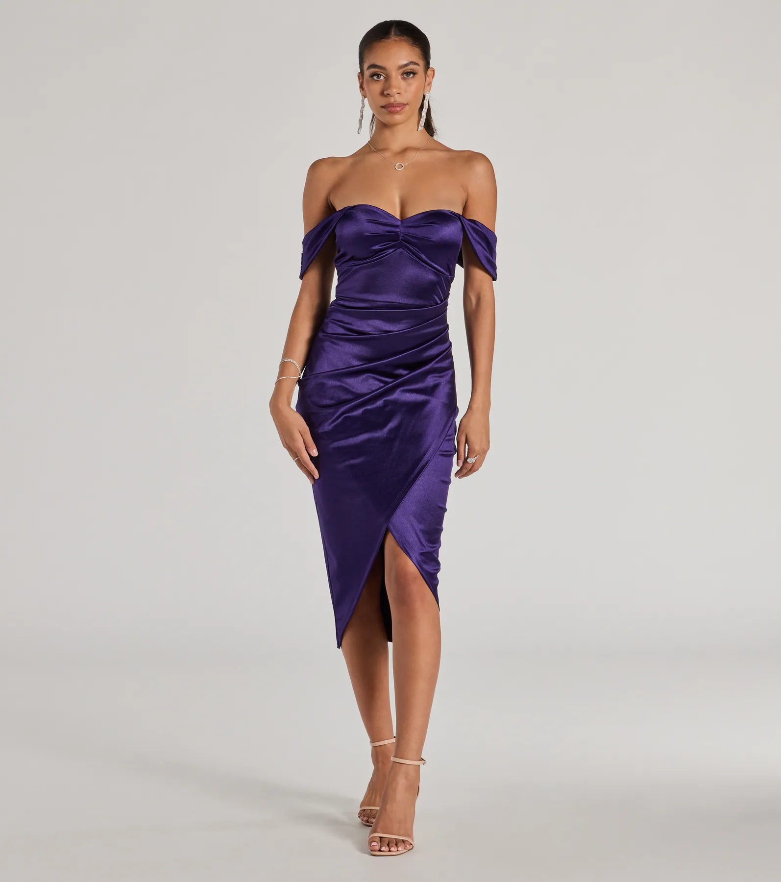 Formal Dresses for Occasions -Patterned dress for a fun fashion statement-Gaia Satin Off-The-Shoulder Wrap Midi Dress