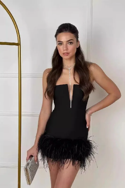 Strapless Dresses for Glamorous -High-low hem dress for a trendy look-Strapless style socialite party ostrich fur bandage cocktail dress 841018847657