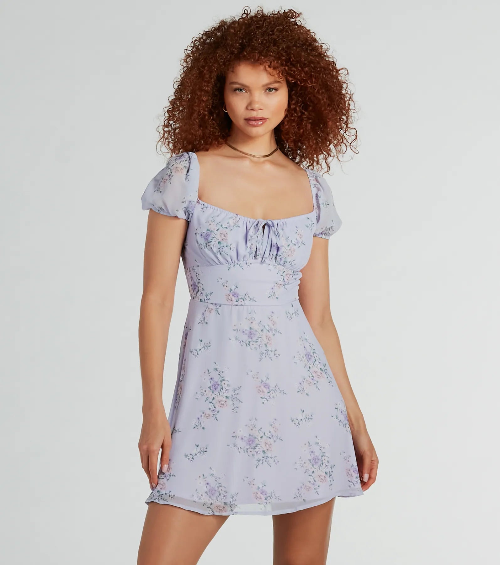 Low-waisted Dresses for Relaxed -Tight-fitting midi dress for a sexy vibe-Sweetest Style Puff Sleeve Floral Chiffon Skater Dress