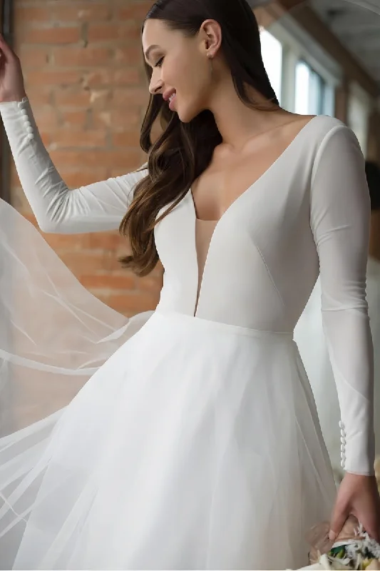 Anniversary Dresses for Special -Wrap-around dress for an effortless style-A-Line Wedding Dress with Tulle and Long Sleeves CW3374