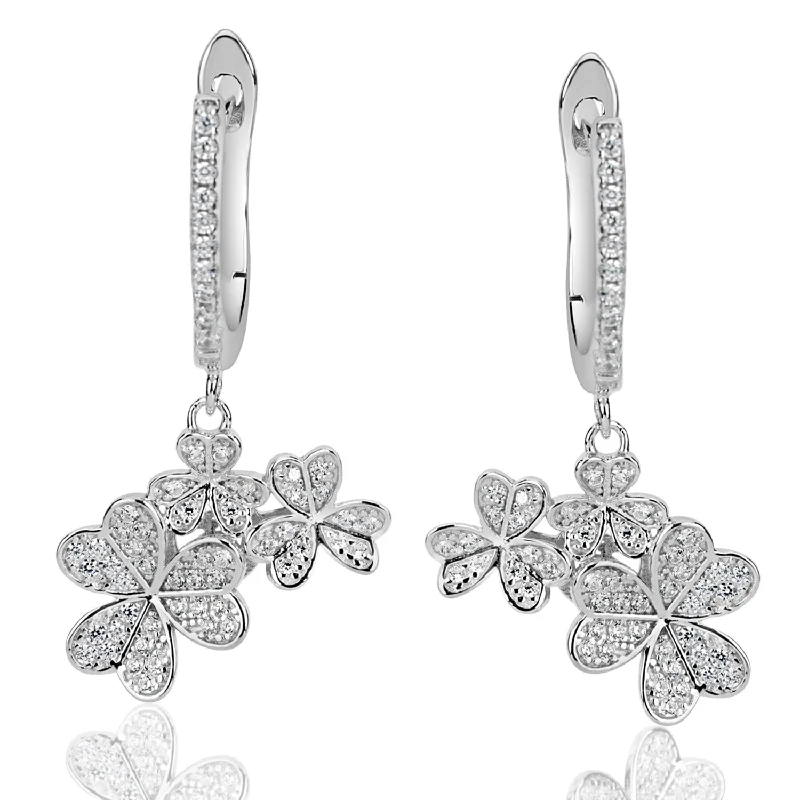 Drop Earrings with Abstract Designs -Suzy Levian Sterling Silver White Cubic Zirconia Cluster Flower Earrings