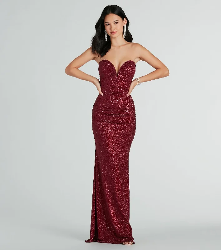 Studded Dresses for Statement -Simple sleeveless dress for daytime events-Elaine Formal Glitter Strapless Mermaid Dress