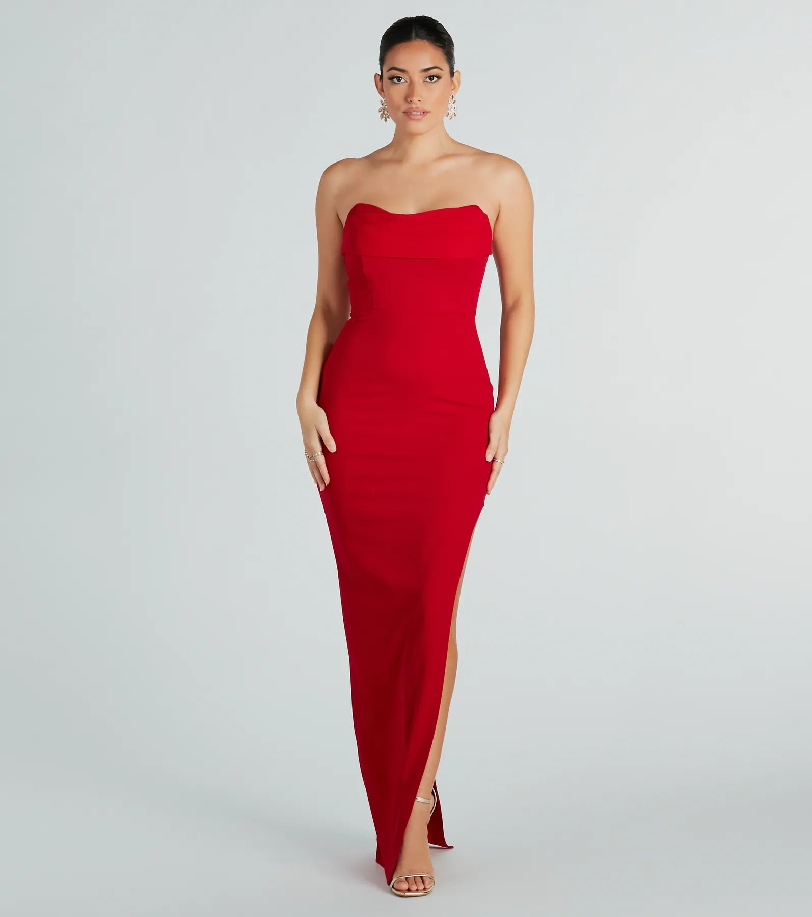 Valentine's Day Dresses for Romance -Color-blocked dress for a modern style-Aurie Formal Crepe Strapless Slit Long Dress