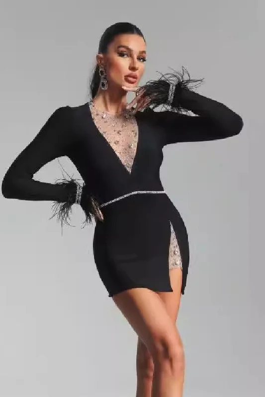 One-shoulder Dresses for Trendy -Modern shift dress for professional settings-Feathered long sleeve little black dress bandage cocktail dress 799166656038