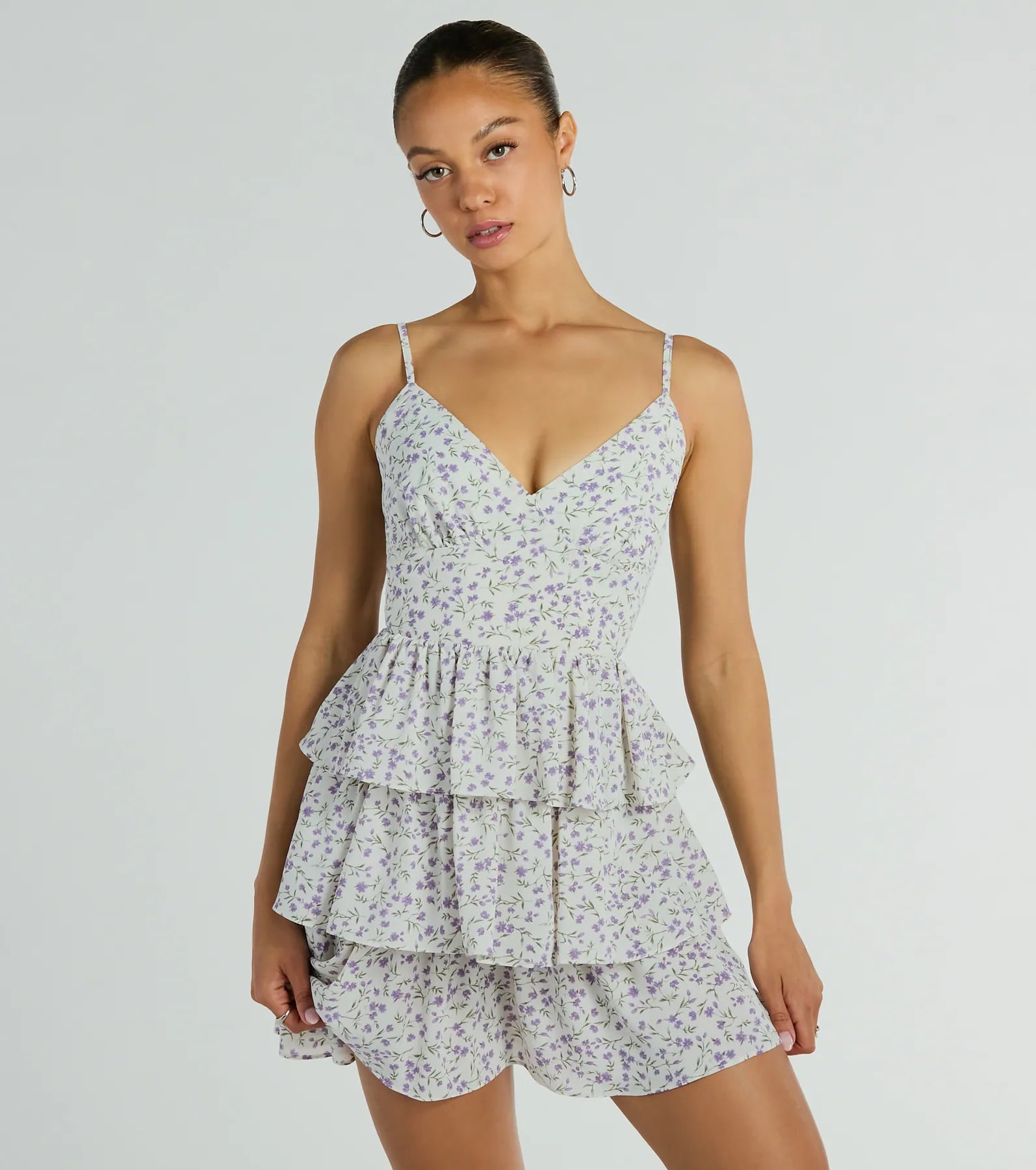 High-waisted Dresses for Flatter -Casual floral dress for a day in the park-Subtle Charm V-Neck Ruffled Floral Skater Dress