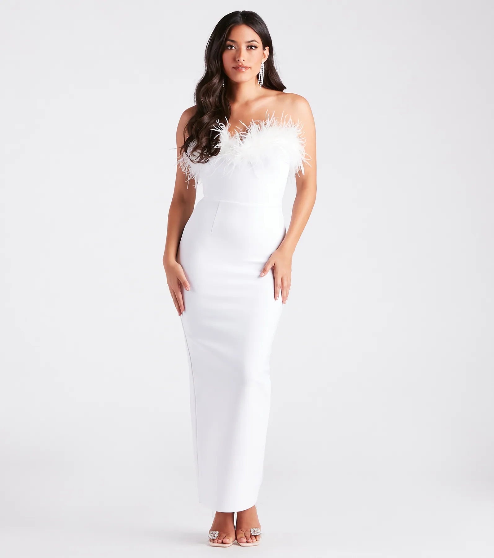 White Dresses for Pure Look -Simple V-neck dress for daytime outings-Olivia Formal Marabou Feather Bandage Dress