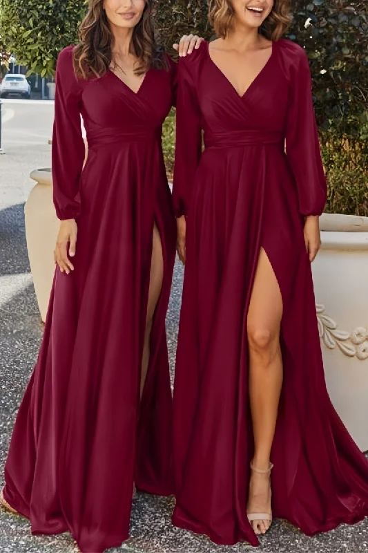 Beaded Dresses for Glamour -Spaghetti strap dress for summer evenings-Burgundy Bridesmaid Dress with V-Neck & Long Sleeves CB0804