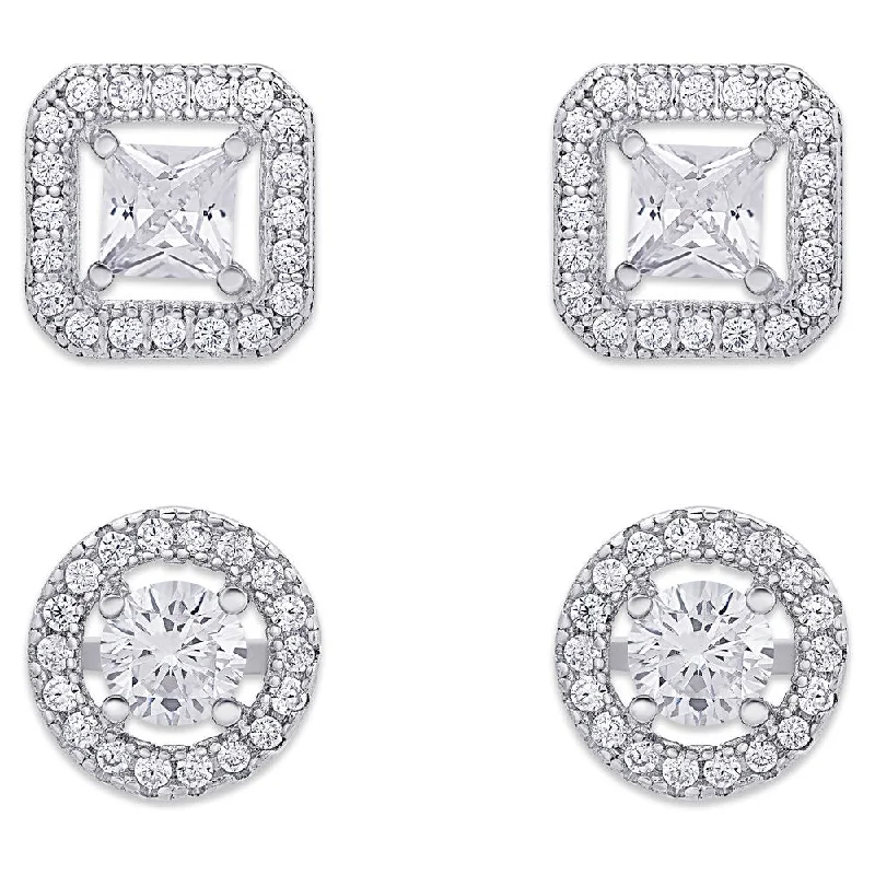 Stud Earrings for School Uniform -Samantha Stone Cubic Zirconia Square and Circle Halo Design Stud Earrings Set