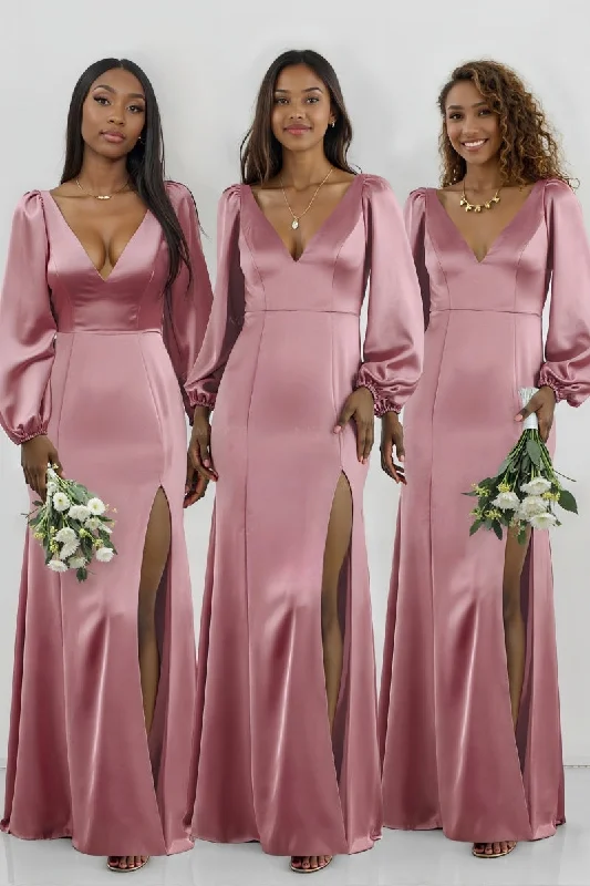 Low-waisted Dresses for Relaxed -Tight-fitting midi dress for a sexy vibe-V-Neck Satin Bridesmaid Dress with Long Sleeves CB0809