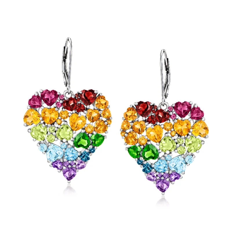 Push Back Drop Earrings for Convenience -Ross-Simons Multi-Gemstone Heart Drop Earrings in Sterling Silver